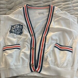 WE THE FREE orange, blue and white short sleeve hundred percent cotton cardigan